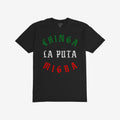 Chinga La Migra Mexico T-shirt featuring a bold, three-line Old English slogan in Mexican flag colors, expressing a strong anti-fascist and pro-equality message. Available in slim or regular fit.