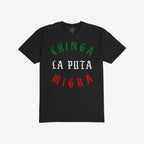 Chinga La Migra Mexico T-shirt featuring a bold, three-line Old English slogan in Mexican flag colors, expressing a strong anti-fascist and pro-equality message. Available in slim or regular fit.