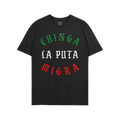 Chinga La Migra Mexico T-shirt featuring a bold, three-line Old English slogan in Mexican flag colors, expressing a strong an