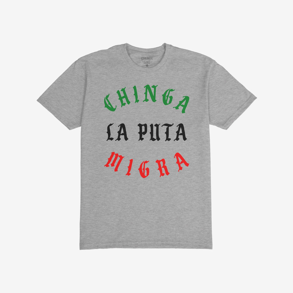 Heather-gray Chinga La Migra Mexico T-shirt featuring Old English–style slogan in Mexican flag colors, expressing a bold protest message against immigration authorities, reflecting anti-fascist and pro-equality sentiments.