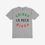 Heather-gray Chinga La Migra Mexico T-shirt featuring Old English–style slogan in Mexican flag colors, expressing a bold protest message against immigration authorities, reflecting anti-fascist and pro-equality sentiments.