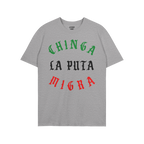 Heather-gray Chinga La Migra Mexico T-shirt featuring Old English–style slogan in Mexican flag colors, expressing a bold pr