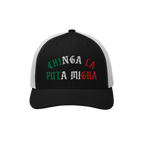 Chinga La Migra Mexico Hat, a black-and-white trucker cap, features “CHINGA LA PUTA MIGRA” in Mexican flag colors with an