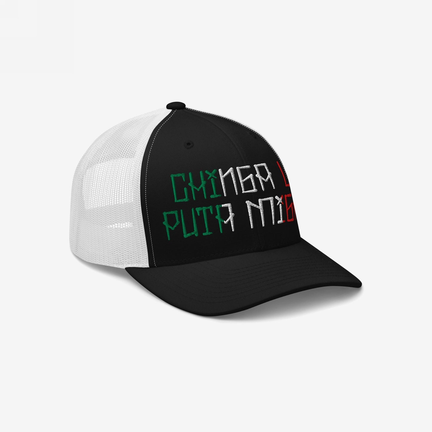 Mesh-back trucker cap with black front, white mesh back, and embroidered phrase Chinga La Migra in Mexican flag colors, symbolizing resistance against oppression and supporting equality.