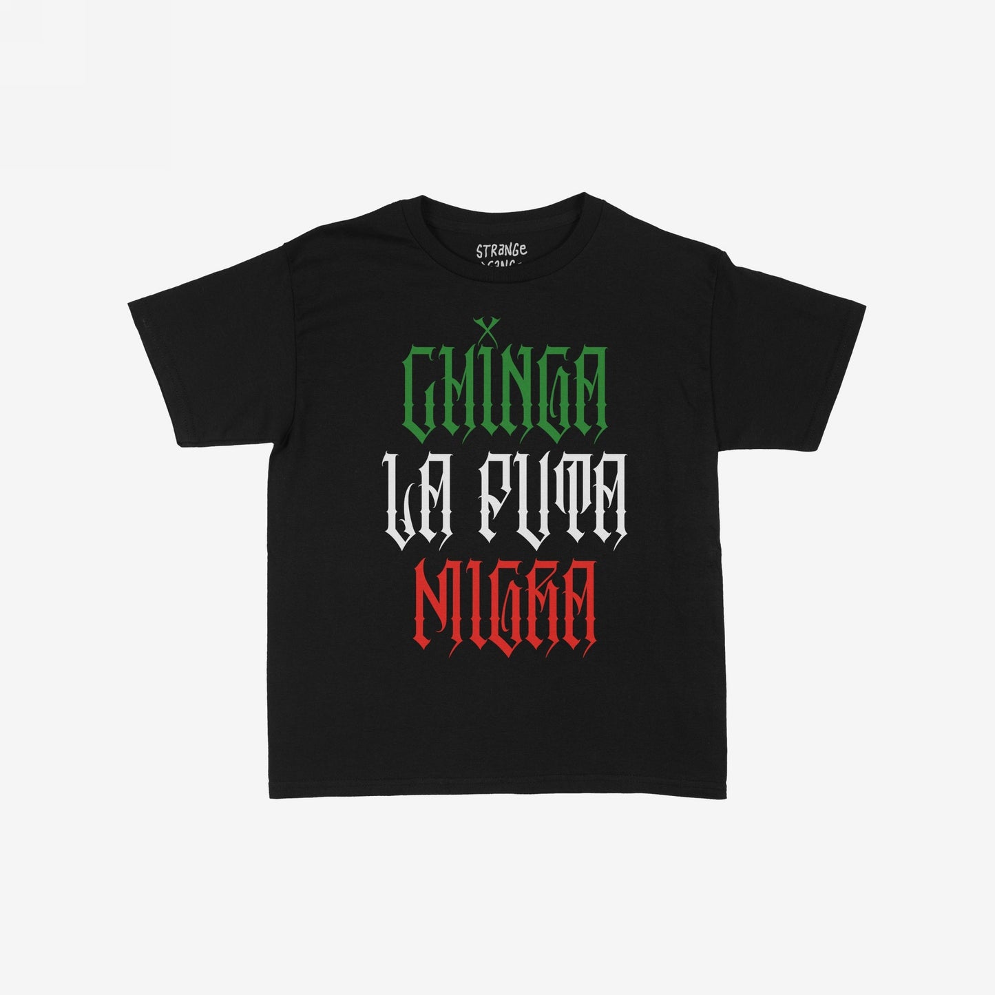 Chinga La Migra Mexico Women's Baby Tee features a bold Gothic-style slogan on a black base, embodying protest couture with its Y2K fit and tricolor resistance message against dehumanization.