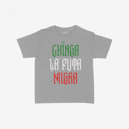 Chinga La Migra Mexico Women's Baby Tee features bold, gothic text in protest style. This grey tee powerfully displays a message of resistance, embodying identity and defiance in a retro Y2K fit.