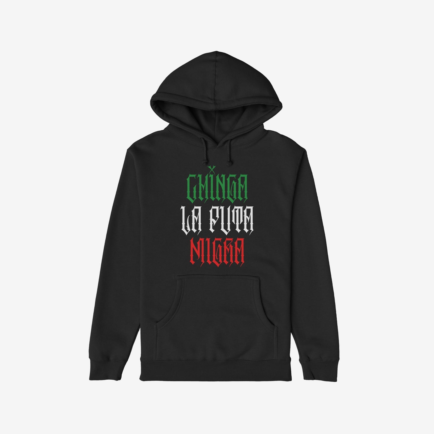 Chinga La Migra Mexico Hoodie featuring Chinga la puta migra in Gothic font; bold colors symbolize resistance. Perfect for expressing defiance and pride. Available in hoodie and sweatshirt.