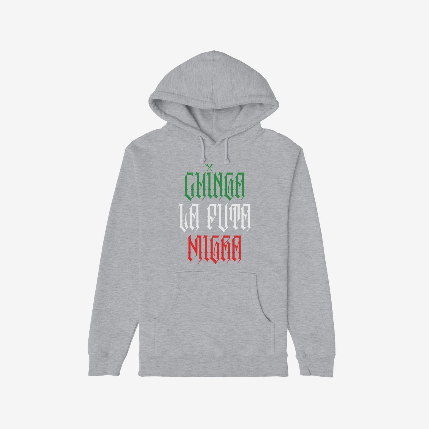 Light-gray Chinga La Migra Mexico Hoodie with front kangaroo pocket, showcasing a bold, three-line slogan in gothic font, symbolizing resistance and pride. Perfect for those who defy oppression and support equality.