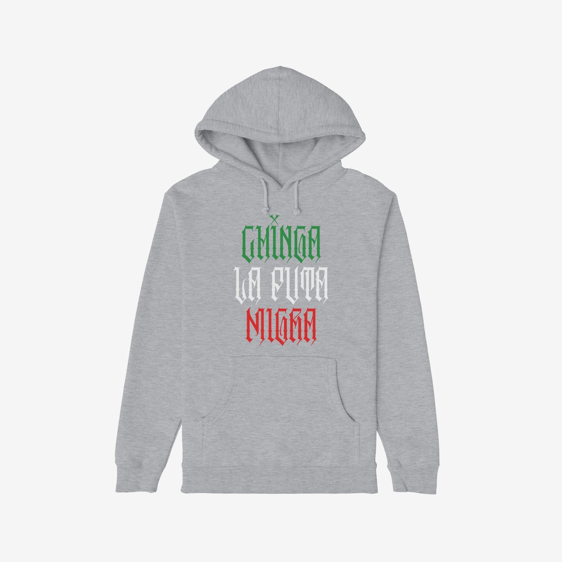Light-gray Chinga La Migra Mexico Hoodie with front kangaroo pocket, showcasing a bold, three-line slogan in gothic font, symbolizing resistance and pride. Perfect for those who defy oppression and support equality.