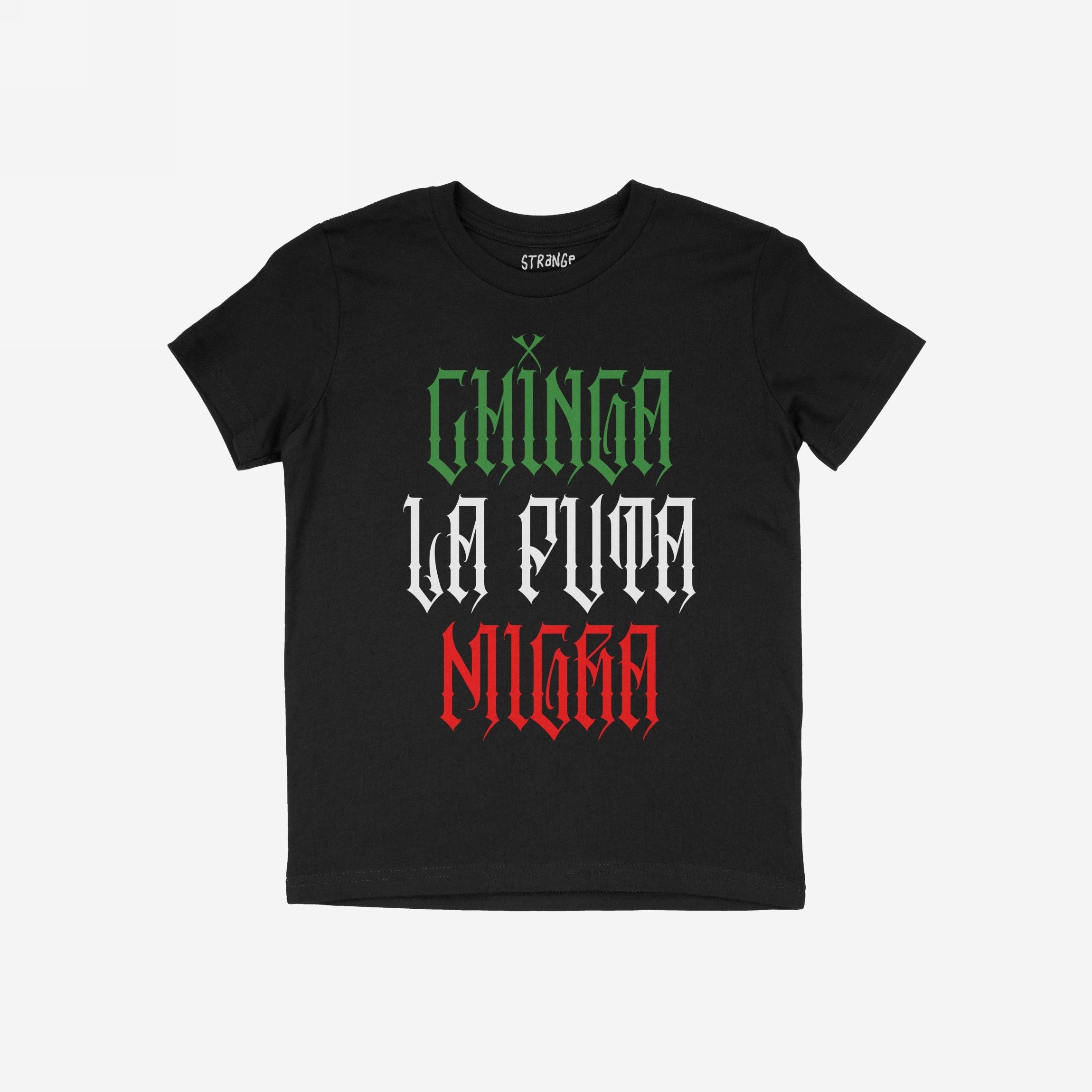 Chinga La Migra Mexico T-shirt features a bold slogan in gothic style, reflecting resistance and cultural pride, aligning with themes of equality and anti-racism. Available in various styles and sizes.