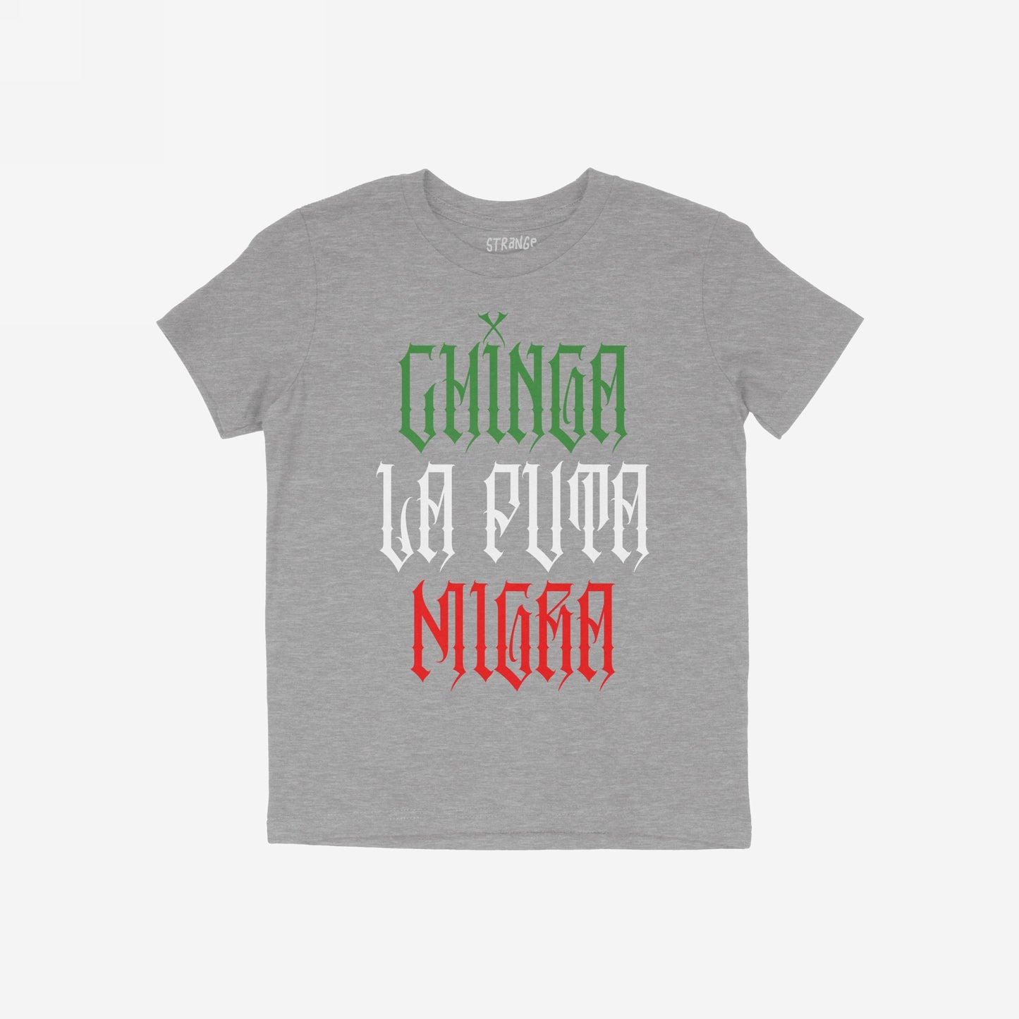 Heather-gray crew-neck T-shirt with Chinga La Migra Mexico design in Mexican flag colors, featuring bold text in Old English font. A statement piece against state violence and anti-immigrant systems.