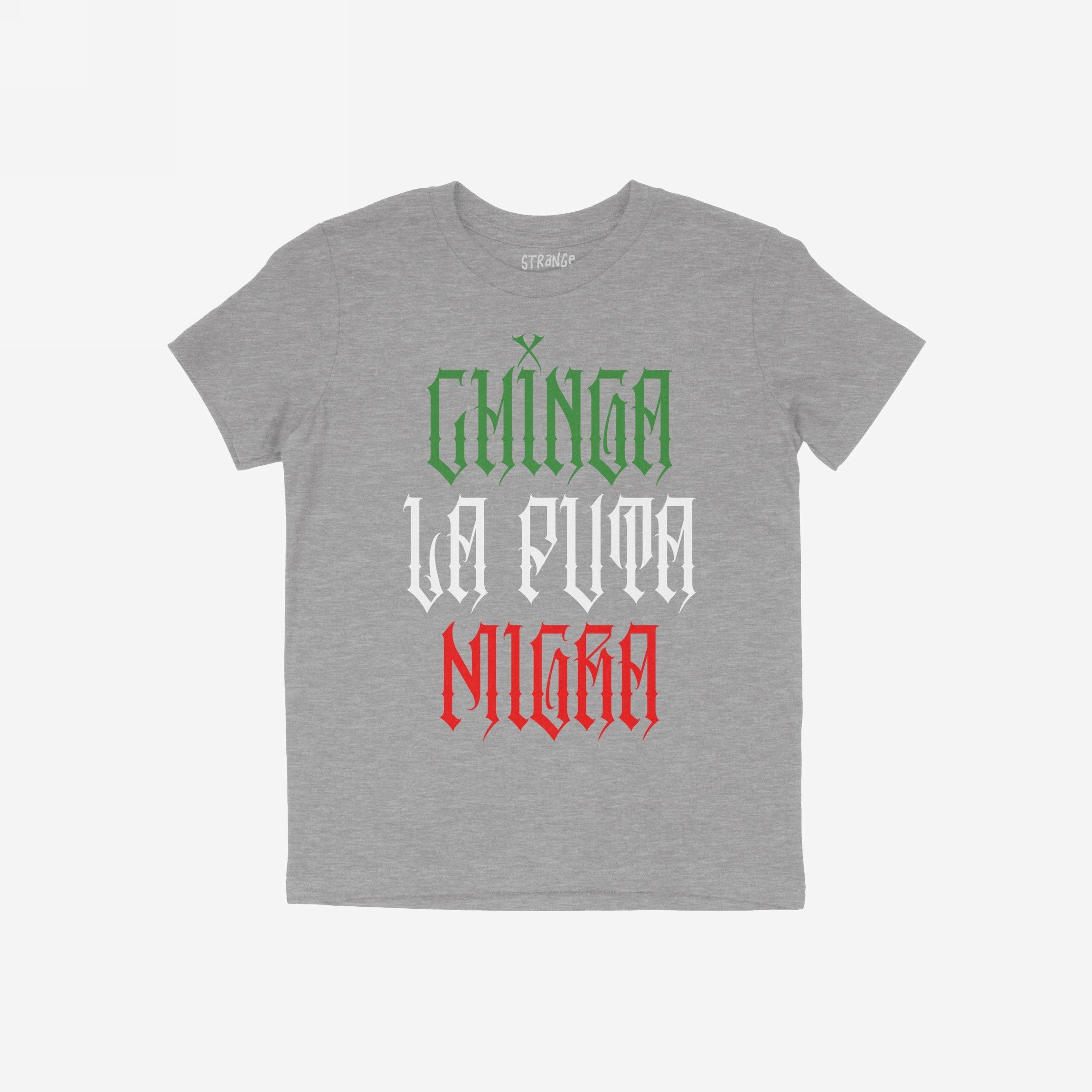 Heather-gray crew-neck T-shirt with Chinga La Migra Mexico design in Mexican flag colors, featuring bold text in Old English font. A statement piece against state violence and anti-immigrant systems.