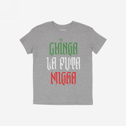 Heather-gray crew-neck T-shirt with Chinga La Migra Mexico design in Mexican flag colors, featuring bold text in Old English font. A statement piece against state violence and anti-immigrant systems.