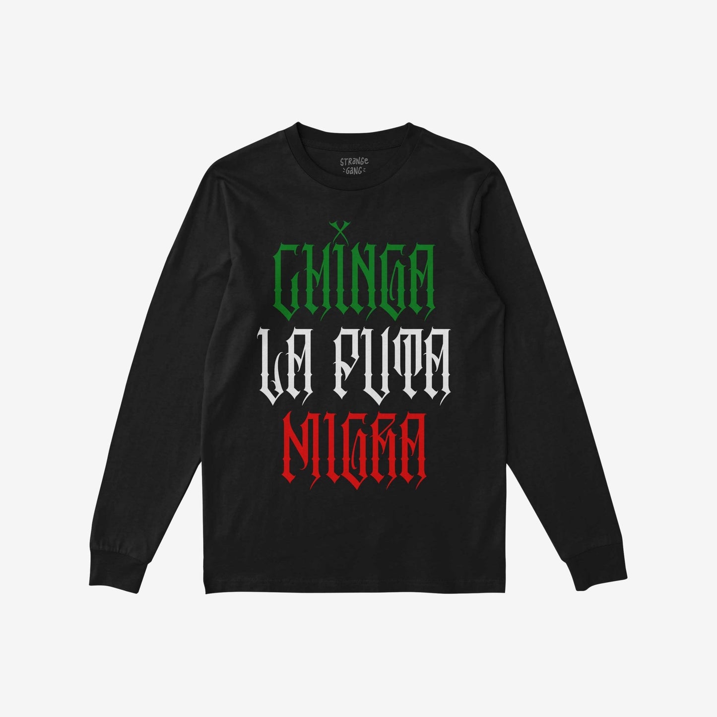 Chinga La Migra Mexico T-shirt features a bold Gothic-style slogan in Mexican flag colors, embodying resistance and cultural pride. This black long-sleeve tee makes a powerful statement against anti-immigrant systems.