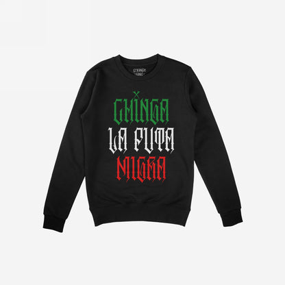 Chinga La Migra Mexico Hoodie & Sweatshirt features a black crewneck with a bold gothic-style slogan, Chinga la puta migra, printed in colors echoing the Mexican flag, symbolizing resistance and pride.