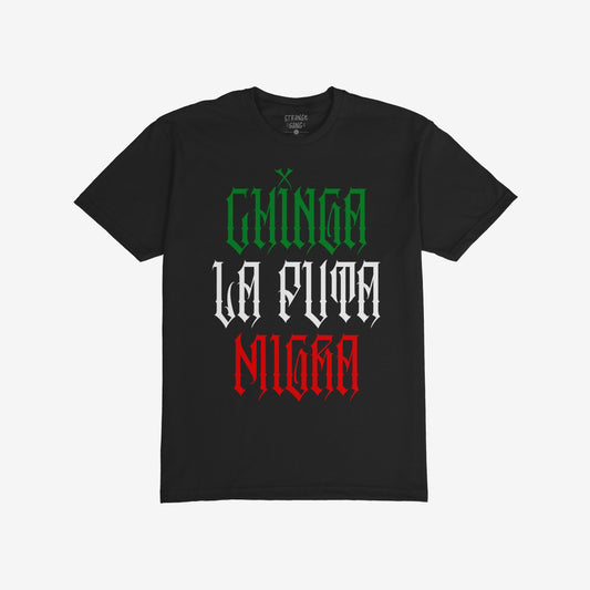 Chinga La Migra Mexico T-shirt features a bold slogan in gothic-style font, reflecting resistance and cultural pride. The design uses Mexican flag colors, emphasizing a strong stance against anti-immigrant systems.