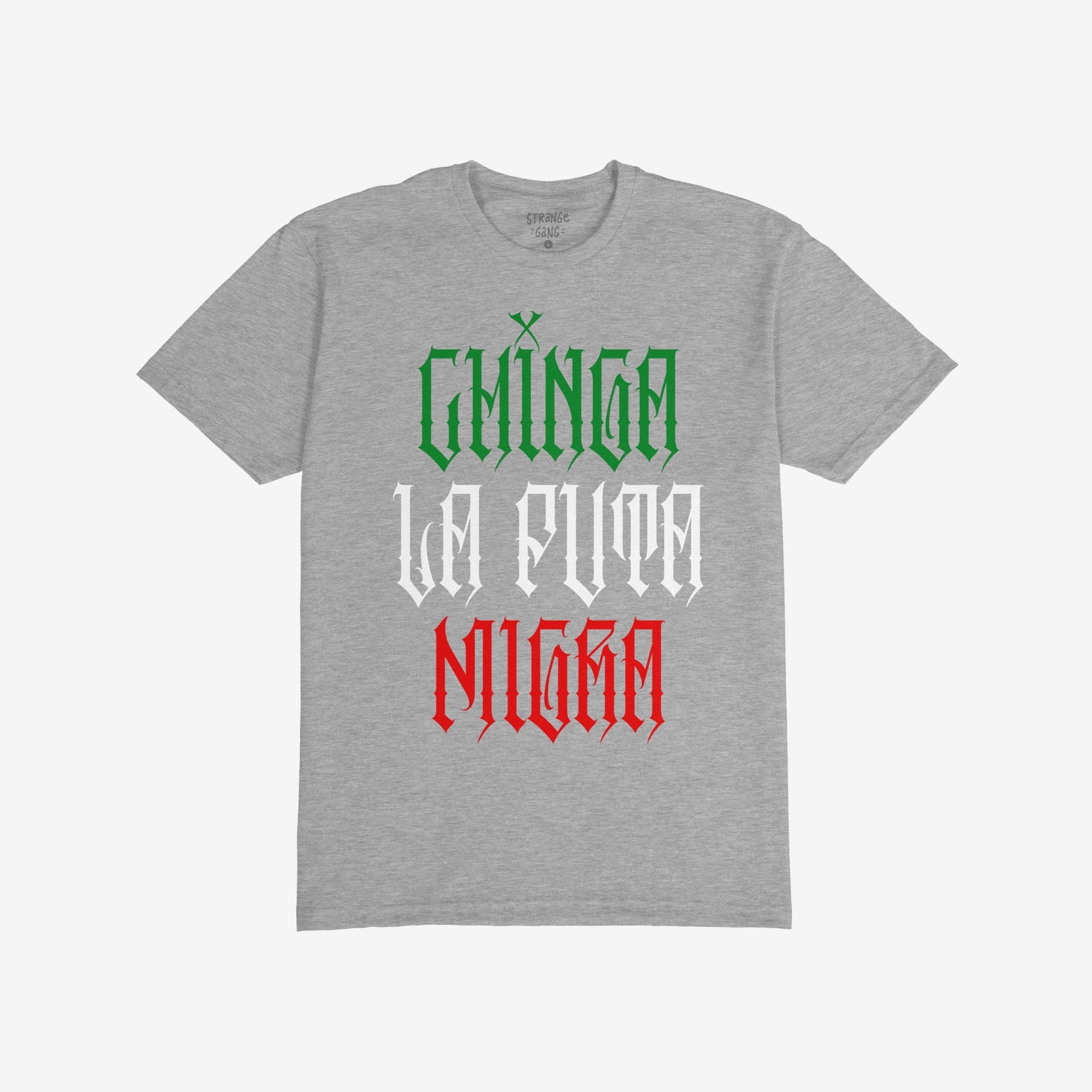 Heather-gray Chinga La Migra Mexico T-shirt with a Gothic-style slogan in Mexican flag colors, advocating cultural pride and resistance against anti-immigrant systems, embodying a bold stance for equality and justice.