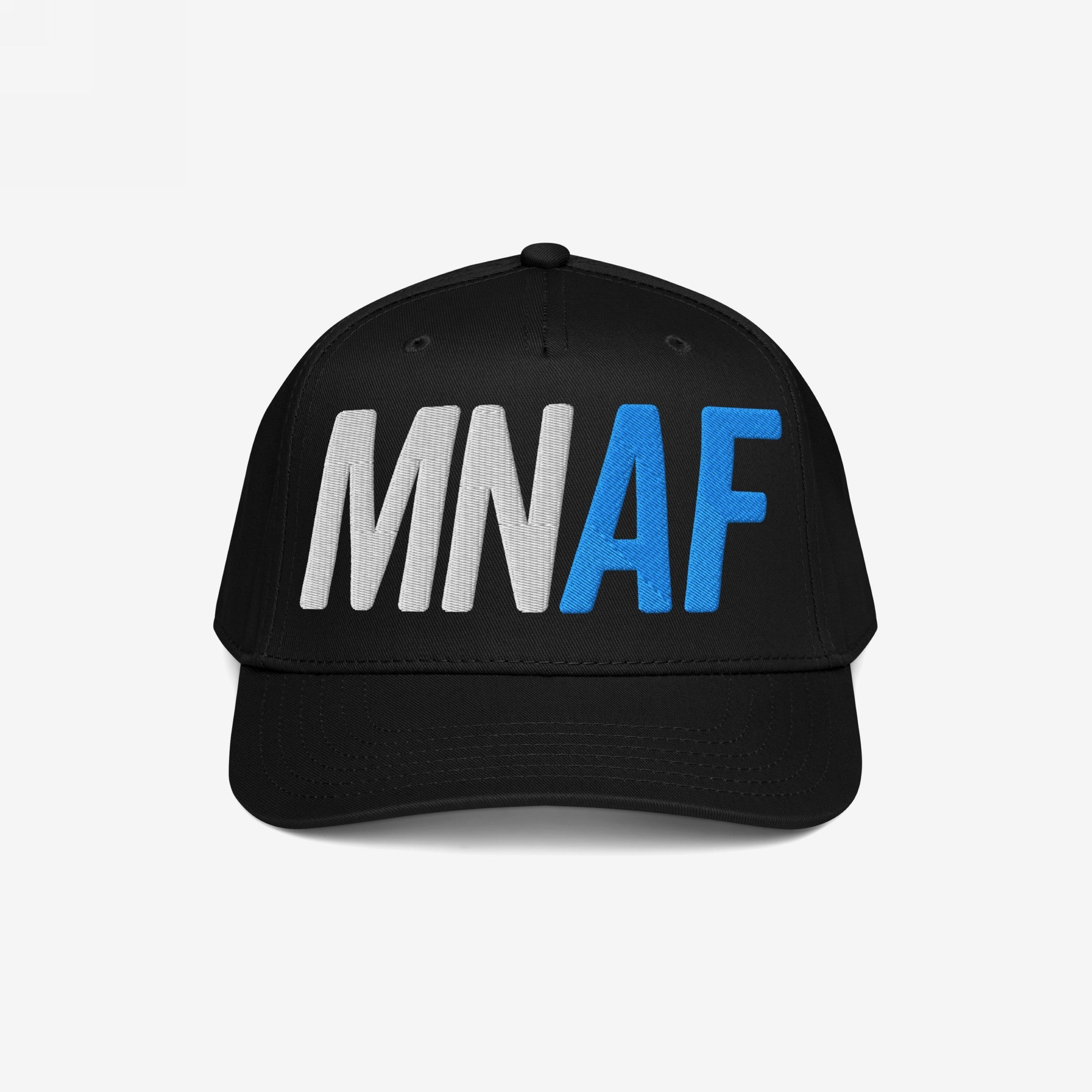 Minnesota As Fuck Anti-Fascist Hat featuring bold “MN” and “AF” embroidery on a black baseball cap, symbolizing pro-equality and anti-fascist values with a curved brim and detailed stitching.