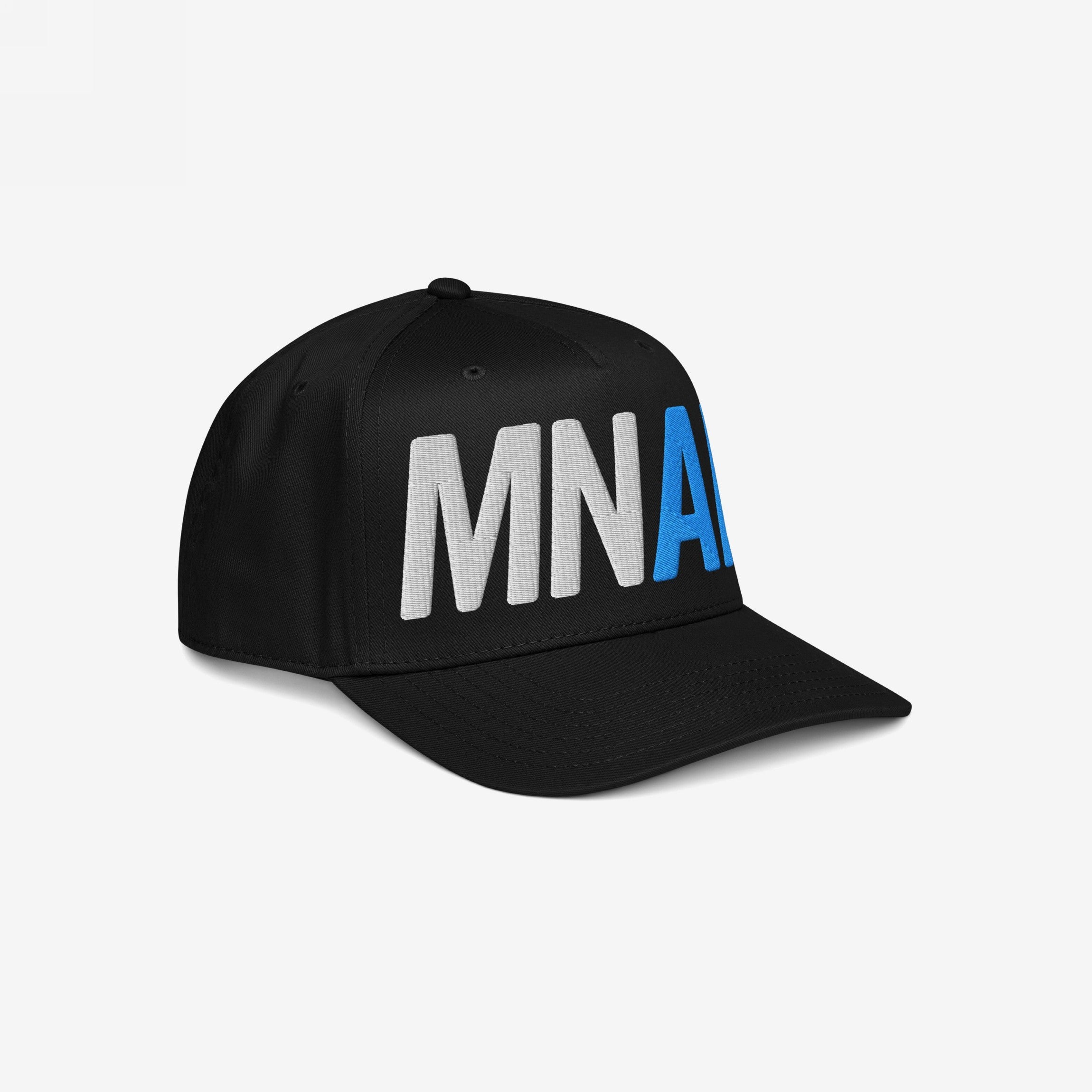 Minnesota As Fuck Anti-Fascist Hat featuring MNA embroidery in off-white and blue on a black baseball cap, symbolizes equality and resistance against fascism with a stylish, curved brim design.