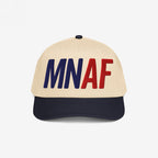 Minnesota As Fuck Anti-Fascist Hat featuring “MNAF” embroidery on a two-tone baseball cap, symbolizes Minnesota pride and anti-fascist sentiment, perfect for equality advocates and organizers.