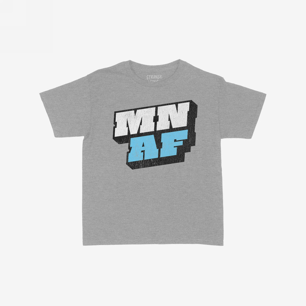 Gray Minnesota As Fuck Anti-Fascist Women's Baby Tee featuring a bold MN AF 3D graphic in white and light blue, blending retro style with a strong, statement-making design.