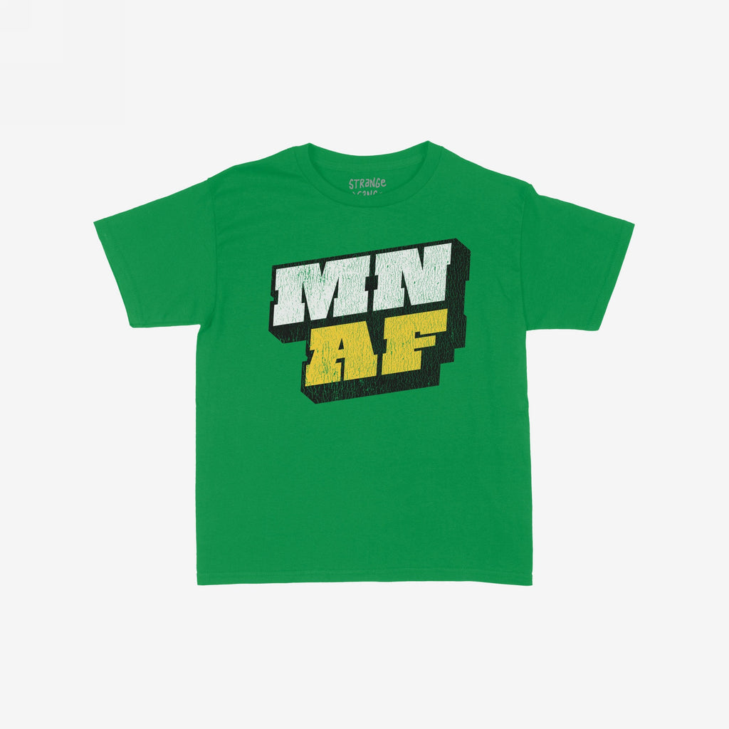 Green Minnesota As Fuck Anti-Fascist Women's Baby Tee featuring bold MN AF graphic in white and yellow with black drop-shadow, embodying Minnesota pride and anti-fascist sentiment.