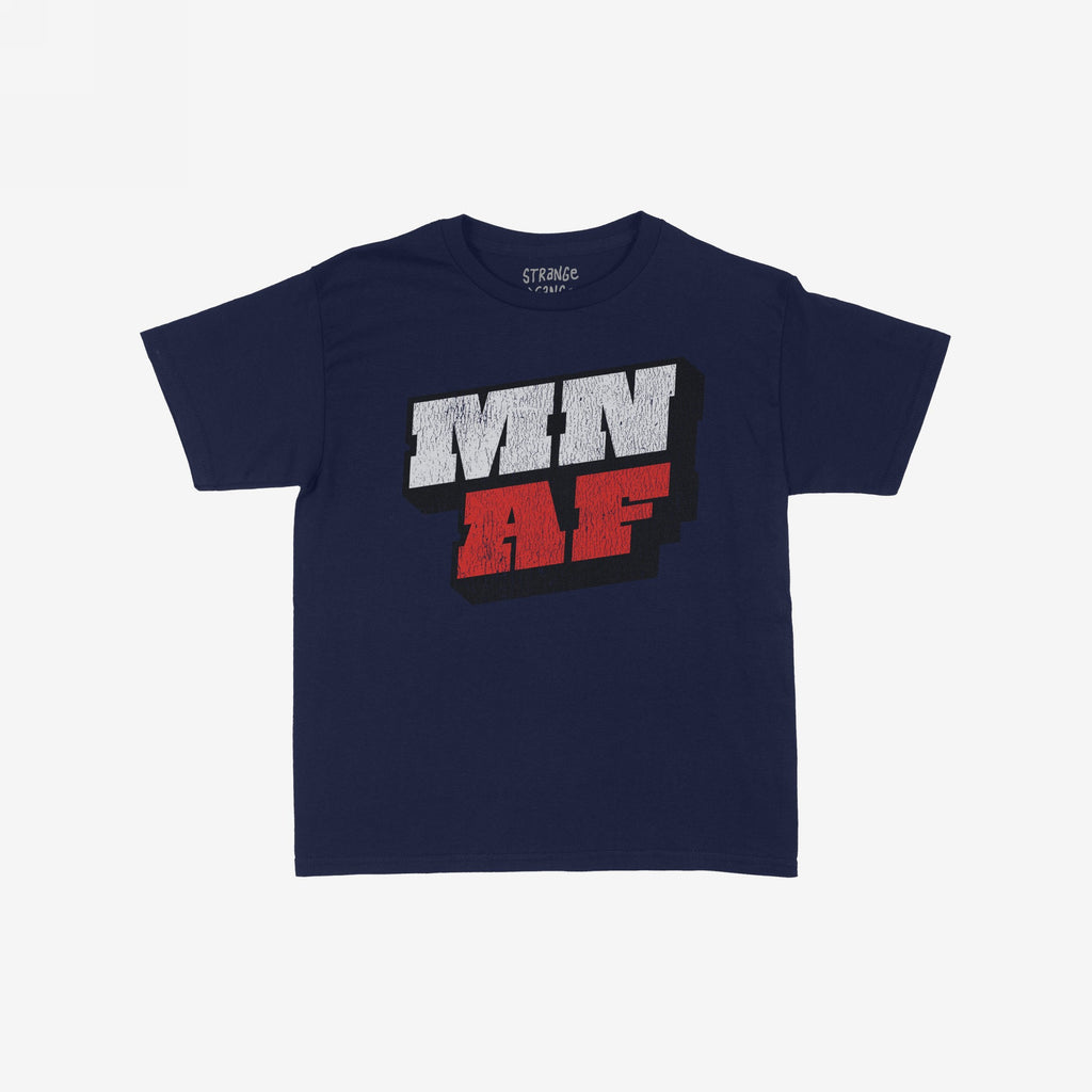 Navy-blue Minnesota As Fuck Anti-Fascist Women's Baby Tee with bold MN AF distressed graphic, blending white and red block fonts. Retro style embodies Minnesota pride and anti-fascist message.