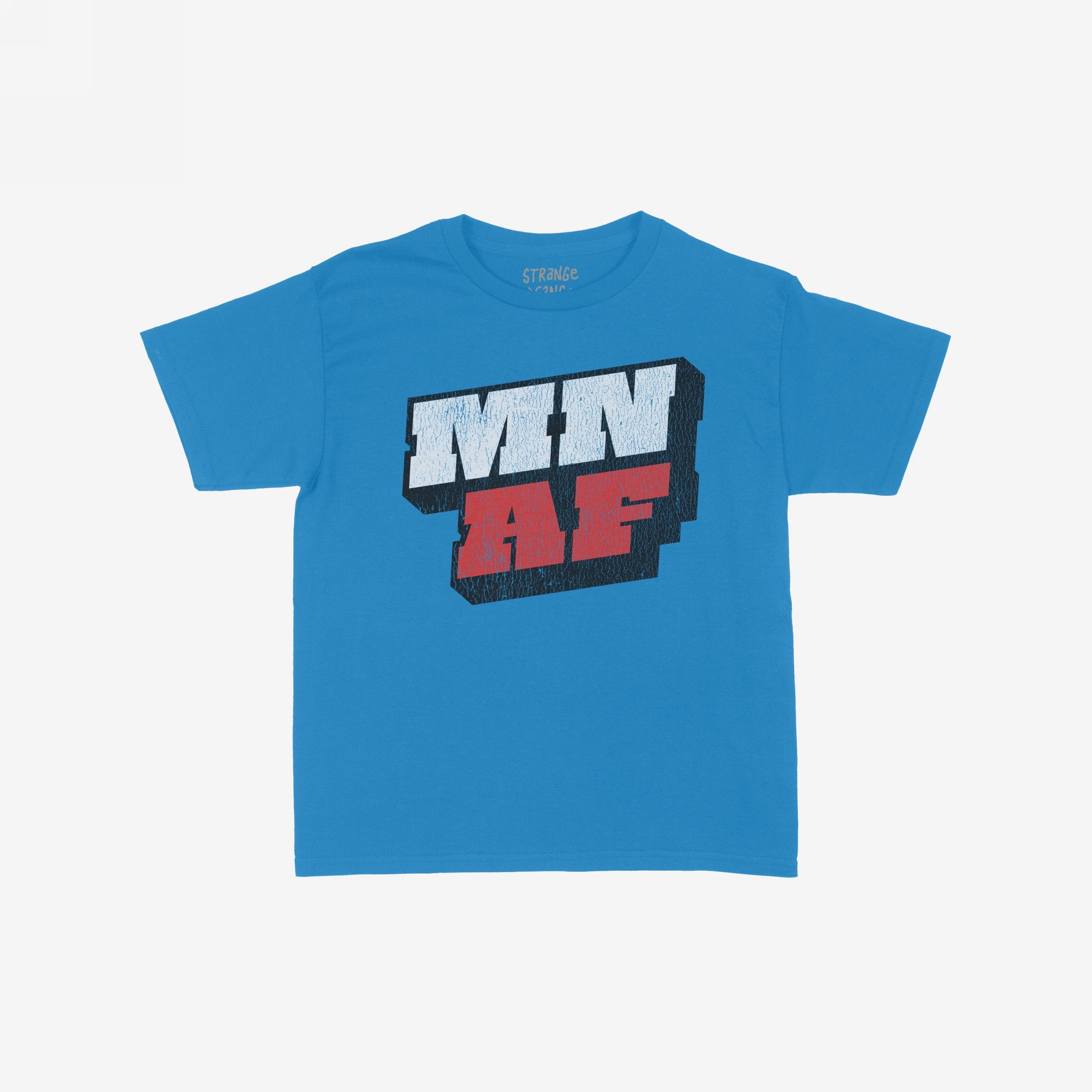 Solid-blue short-sleeve Minnesota As Fuck Anti-Fascist Women's Baby Tee with bold MN in white and AF in red, symbolizing Minnesota pride and political stance, reflecting equality and anti-fascist beliefs.