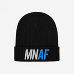 The Minnesota As Fuck Anti-Fascist Hat features MN AF embroidery on the black rib-knit beanie, symbolizing Minnesota pride and pro-equality, with MN in white and AF in bright blue.