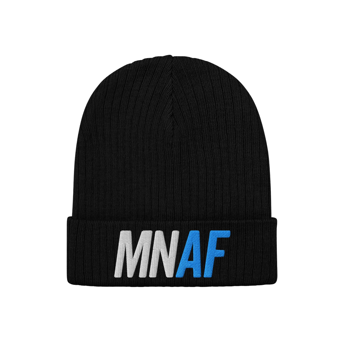 The Minnesota As Fuck Anti-Fascist Hat features MN AF embroidery on the black rib-knit beanie, symbolizing Minnesota pride an