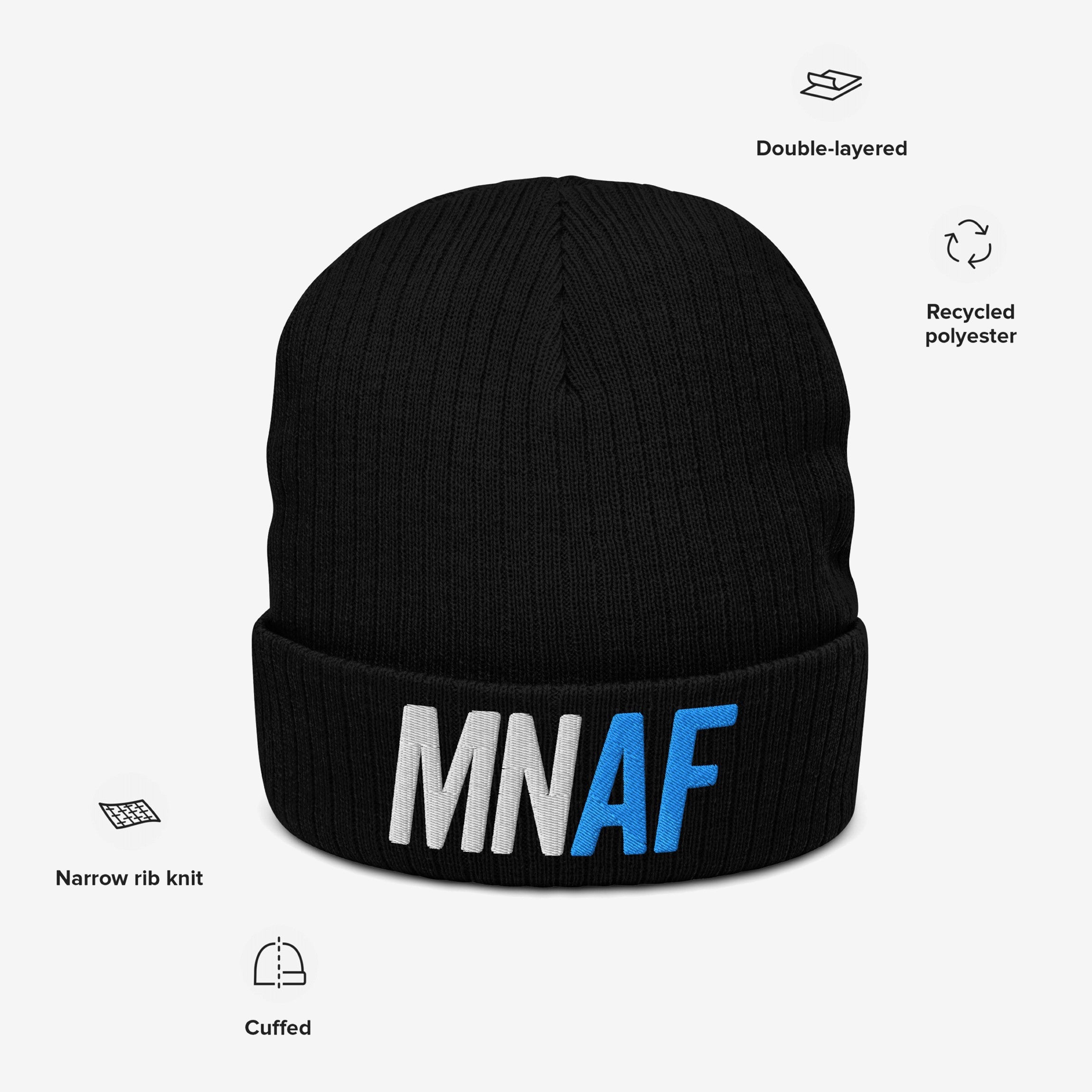 Minnesota As Fuck Anti-Fascist Hat: Black knit beanie with cuff, featuring MNAF embroidered logo. Made from recycled polyester with double-layered, narrow rib knit construction. Ideal for pro-equality supporters.