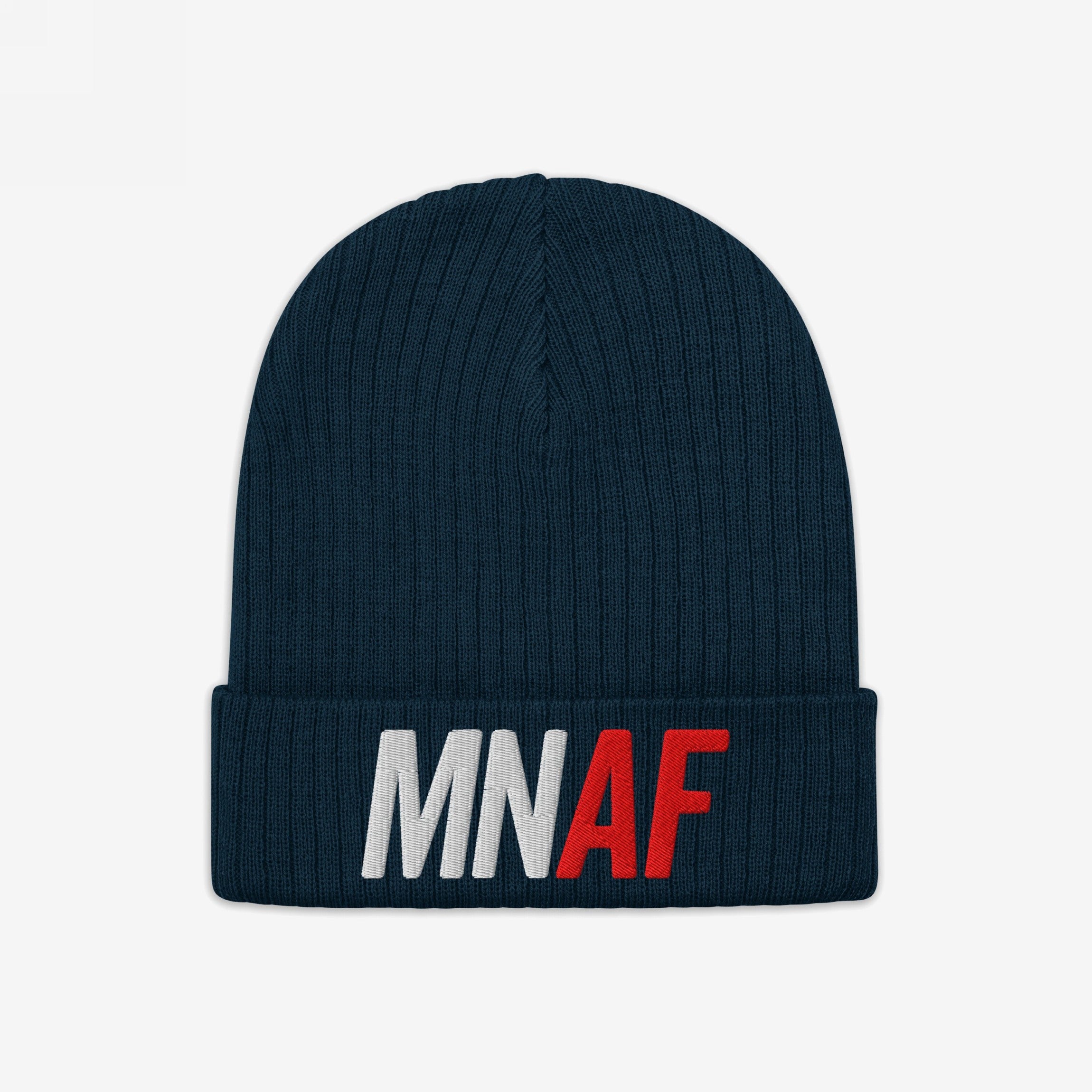 Dark navy, rib-knit beanie with a folded cuff, featuring MN in white and AF in red embroidery, embodying the Minnesota As Fuck Anti-Fascist Hat spirit.