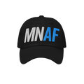 Minnesota As Fuck Anti-Fascist Hat features bold MN in white and AF in blue, embroidered on a black dad-style cap, embodying 