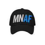 Minnesota As Fuck Anti-Fascist Hat features bold MN in white and AF in blue, embroidered on a black dad-style cap, embodying 