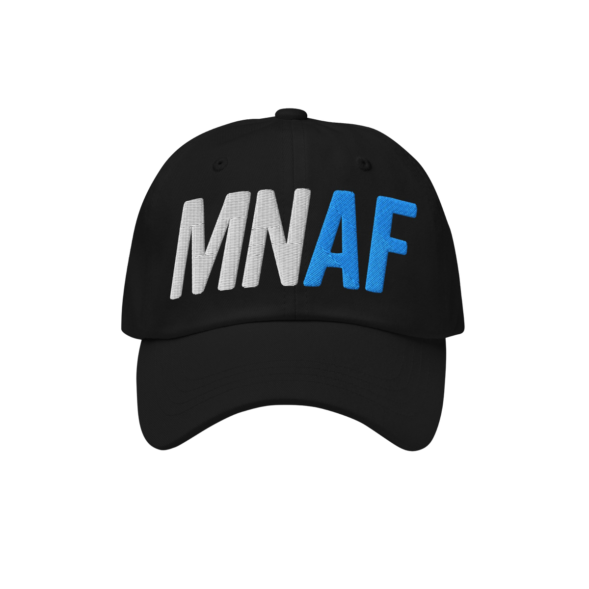 Minnesota As Fuck Anti-Fascist Hat features bold MN in white and AF in blue, embroidered on a black dad-style cap, embodying 