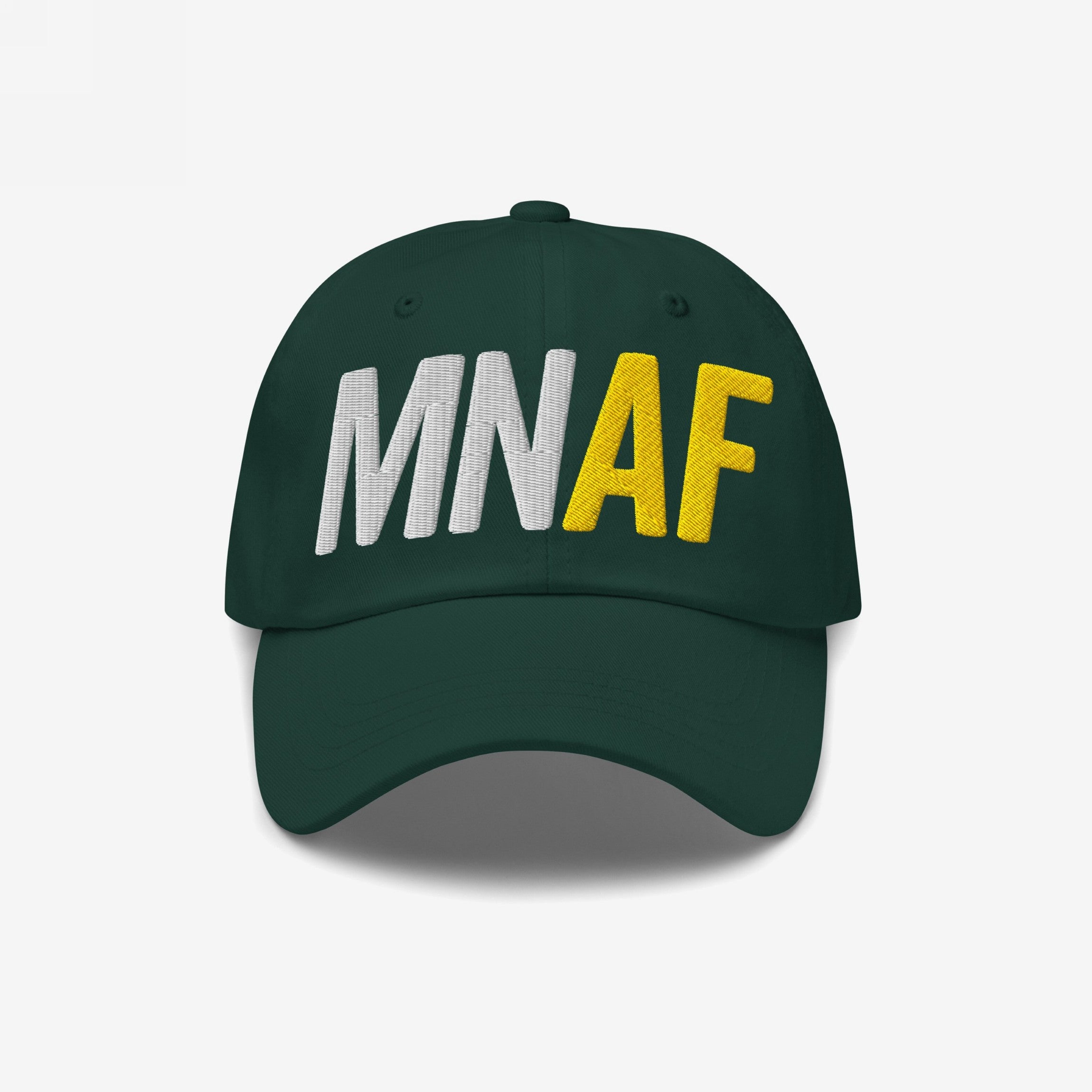 Dark-green Minnesota As Fuck Anti-Fascist Hat with MNAF in raised embroidery, featuring white MN and gold AF. Ideal for equality advocates, customizable in various styles and colors.