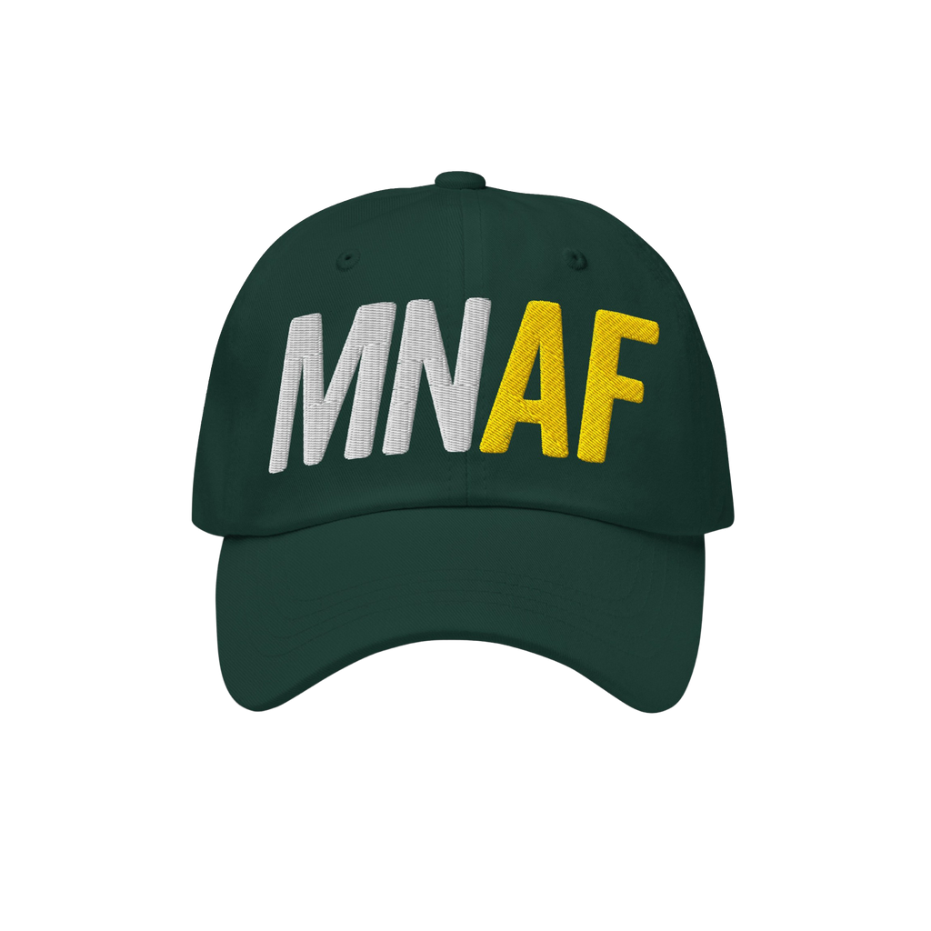 Dark-green Minnesota As Fuck Anti-Fascist Hat with MNAF in raised embroidery, featuring white MN and gold AF. Ideal for equal