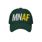 Dark-green Minnesota As Fuck Anti-Fascist Hat with MNAF in raised embroidery, featuring white MN and gold AF. Ideal for equal