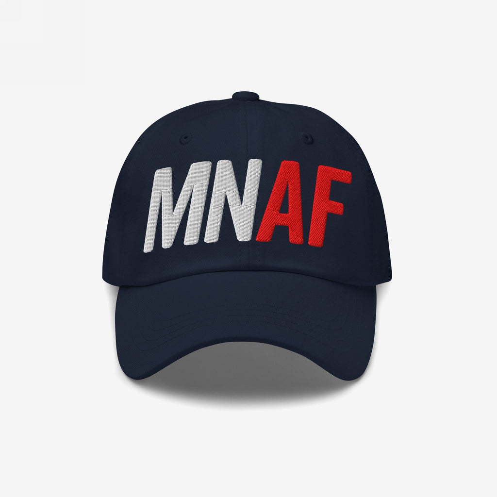 Minnesota As Fuck Anti-Fascist Hat featuring bold MN in white and AF in red embroidery on the front, embodying pro-equality and anti-fascist values. Available in various styles and colors.