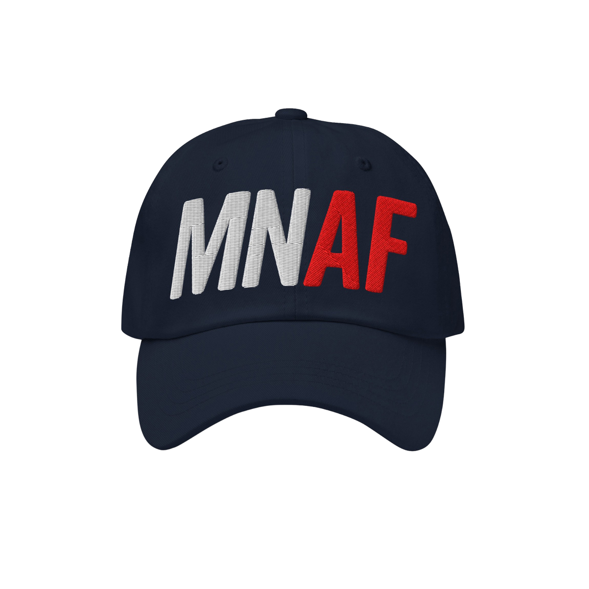 Minnesota As Fuck Anti-Fascist Hat featuring bold MN in white and AF in red embroidery on the front, embodying pro-equality a