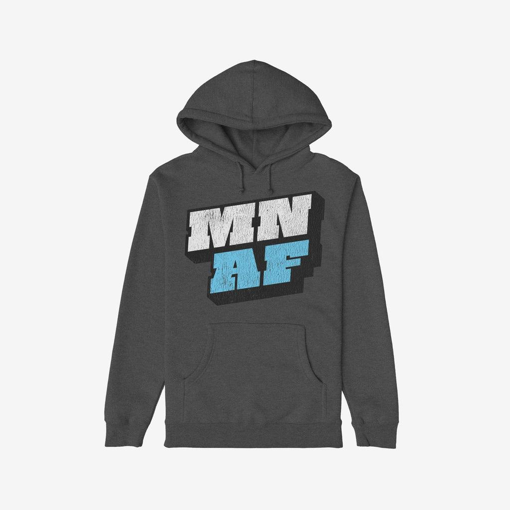 Dark-gray pullover hoodie titled Minnesota As Fuck Anti-Fascist Hoodie & Sweatshirt features bold white and light blue MIN AF text with 3D shadow, symbolizing pride and anti-fascist stance.