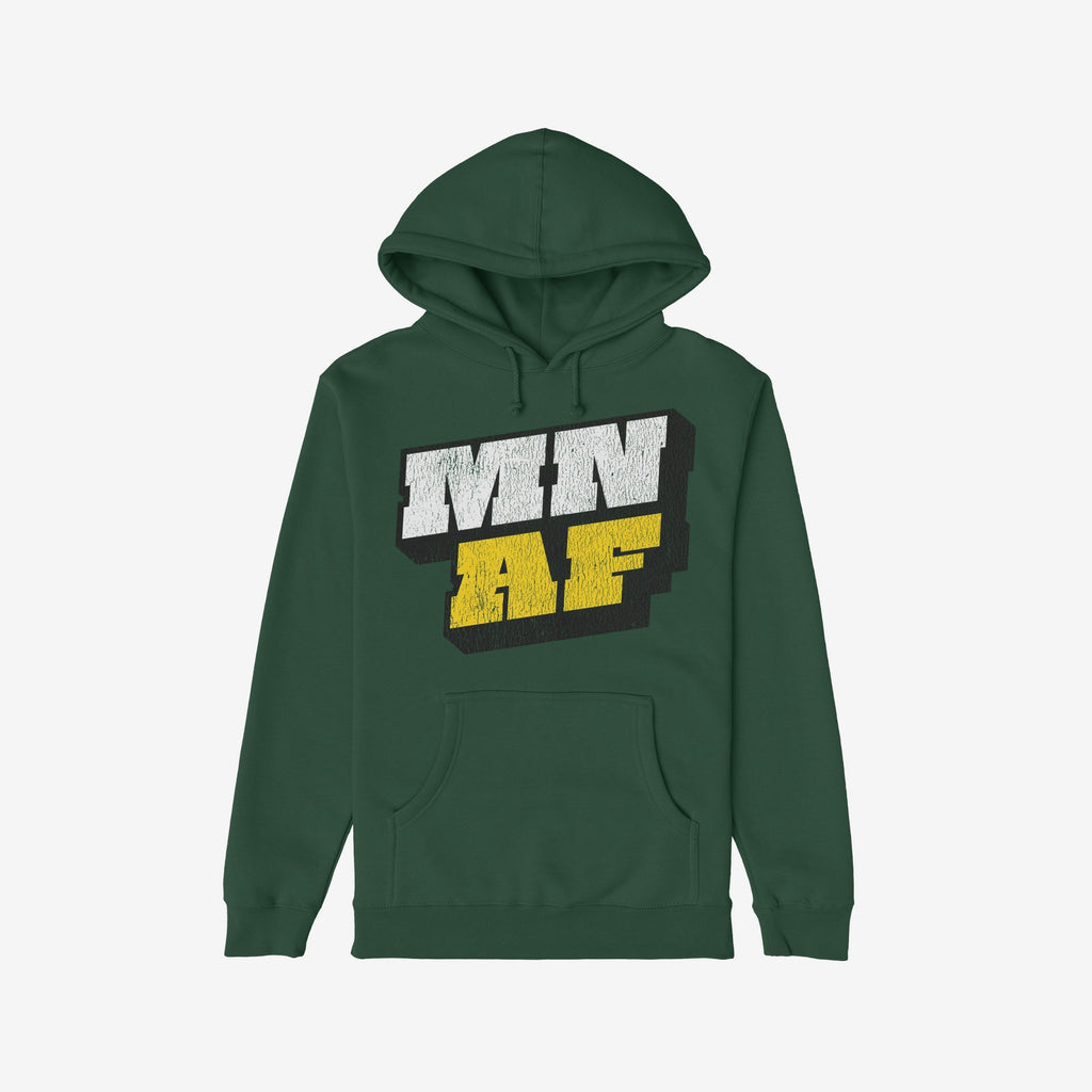 Dark green Minnesota As Fuck Anti-Fascist Hoodie with kangaroo pocket, featuring distressed MN AF block print, symbolizing Minnesota pride and equality. Ideal for pro-equality activists.