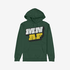 Dark green Minnesota As Fuck Anti-Fascist Hoodie with kangaroo pocket, featuring distressed MN AF block print, symbolizing Minnesota pride and equality. Ideal for pro-equality activists.