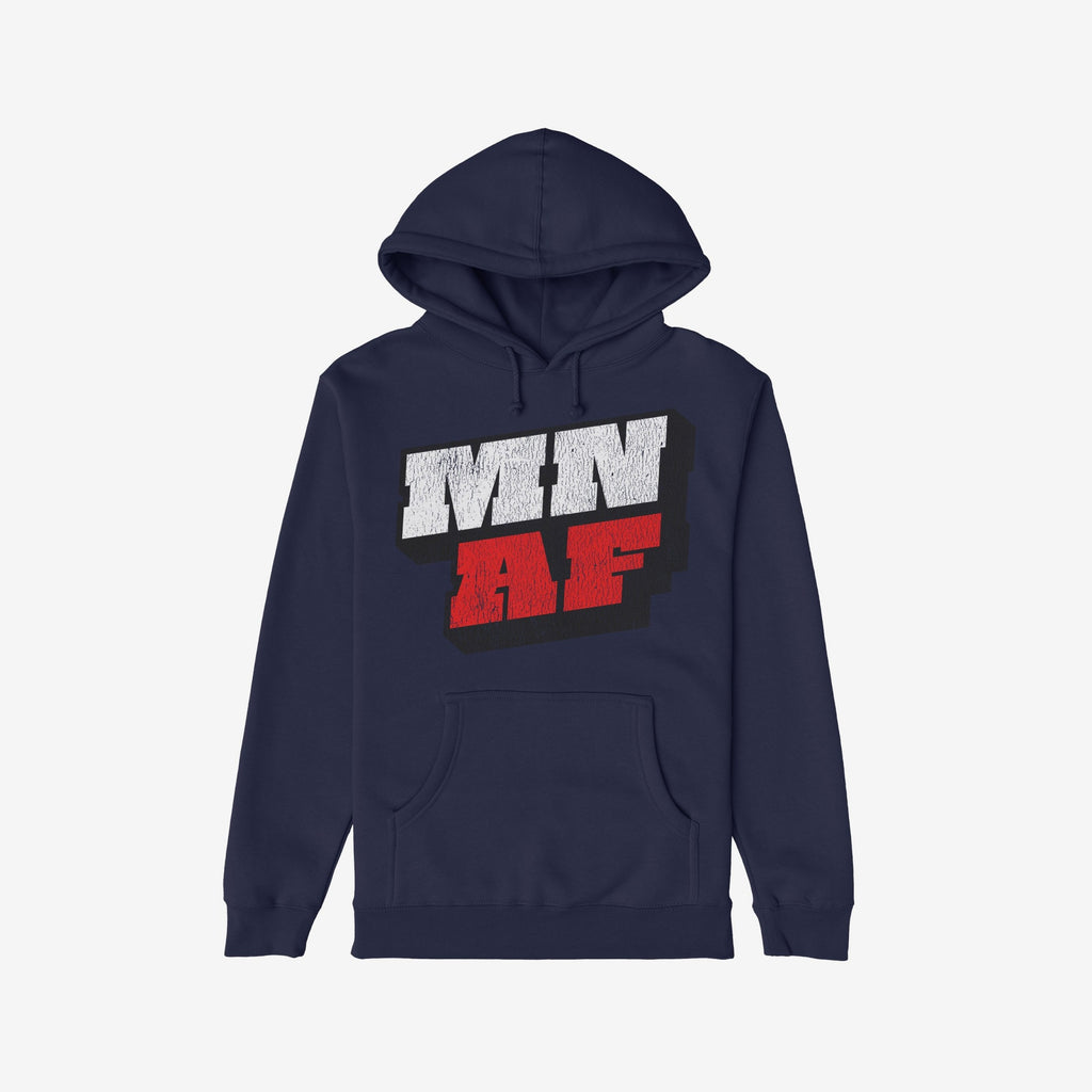 Navy-blue Minnesota As Fuck Anti-Fascist Hoodie featuring a bold “MN” in white and “AF” in red, symbolizing Minnesota pride and equality.