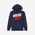 Navy-blue Minnesota As Fuck Anti-Fascist Hoodie featuring a bold “MN” in white and “AF” in red, symbolizing Minnesota pride and equality.
