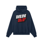 Navy-blue Minnesota As Fuck Anti-Fascist Hoodie featuring a bold “MN” in white and “AF” in red, symbolizing Minnesota