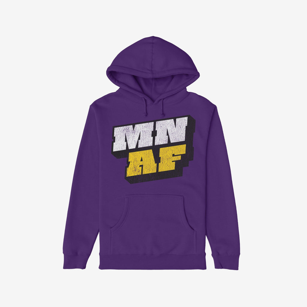 Purple Minnesota As Fuck Anti-Fascist Hoodie featuring a bold MN AF graphic in distressed white and yellow block letters, symbolizing Minnesota pride and anti-fascist, pro-equality stance.