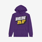 Purple Minnesota As Fuck Anti-Fascist Hoodie featuring a bold MN AF graphic in distressed white and yellow block letters, symbolizing Minnesota pride and anti-fascist, pro-equality stance.
