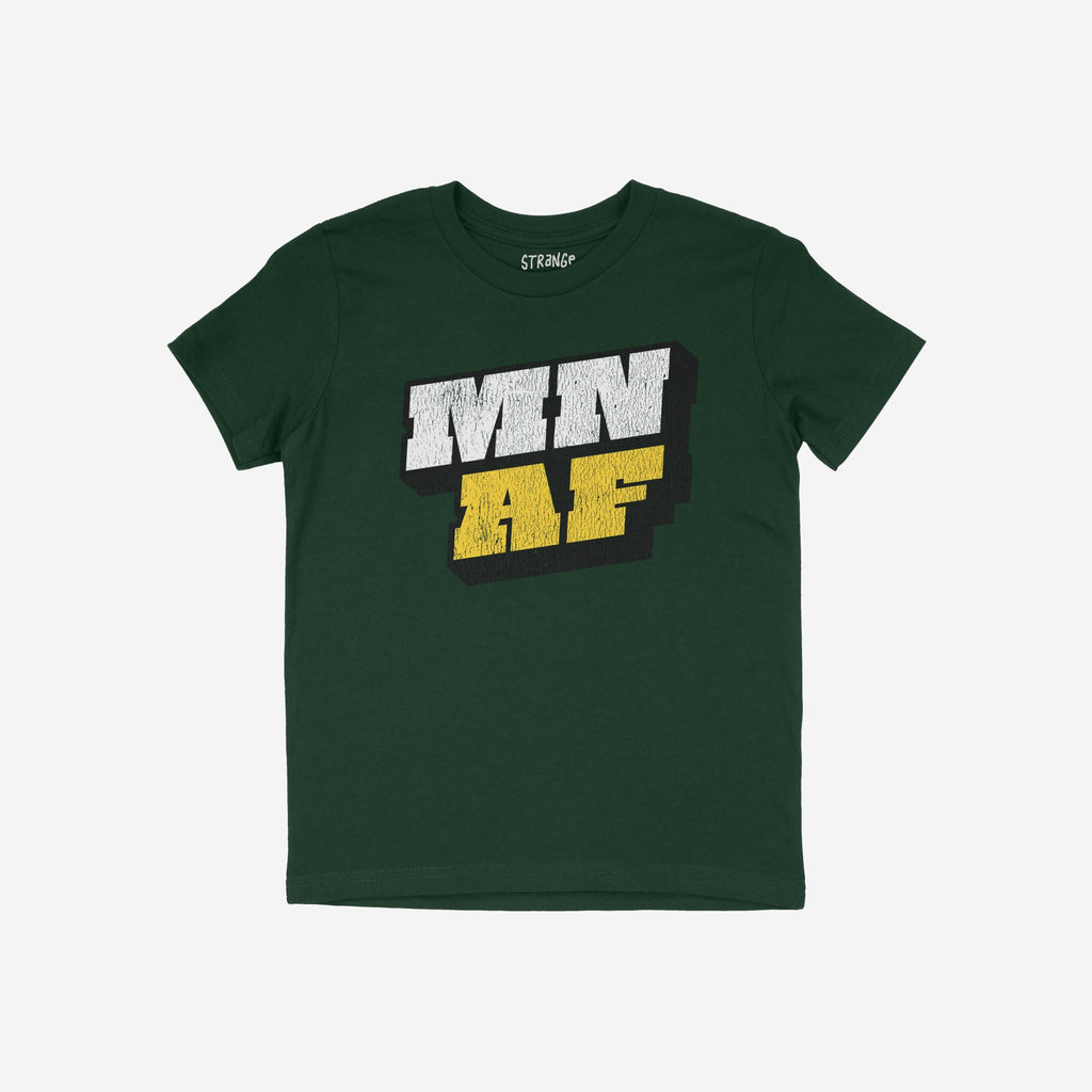 Dark green Minnesota As Fuck Anti-Fascist T-shirt featuring bold distressed MN AF graphic, blending edgy style with a social message. Ideal for fans of outspoken, meaningful apparel.