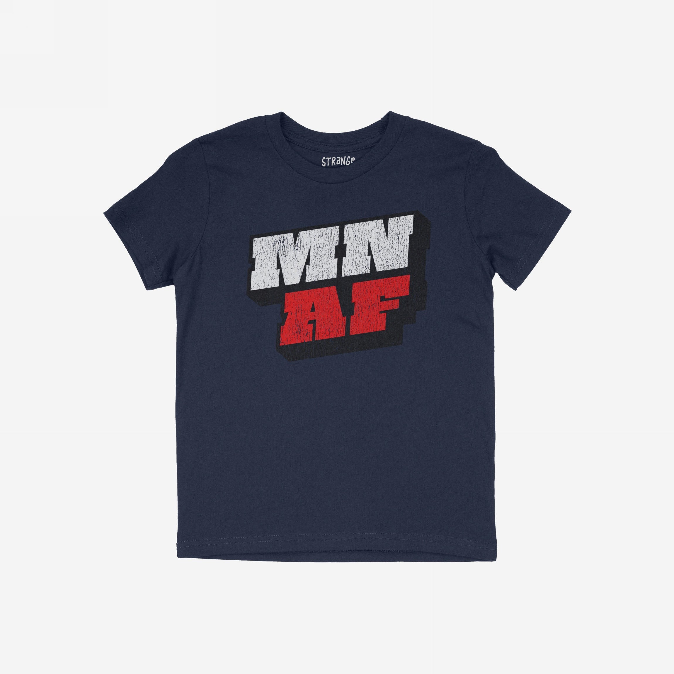Minnesota As Fuck Anti-Fascist T-shirt in navy blue, featuring a bold, distressed “MN AF” graphic in white and red on the front, embodying a strong anti-fascist message.